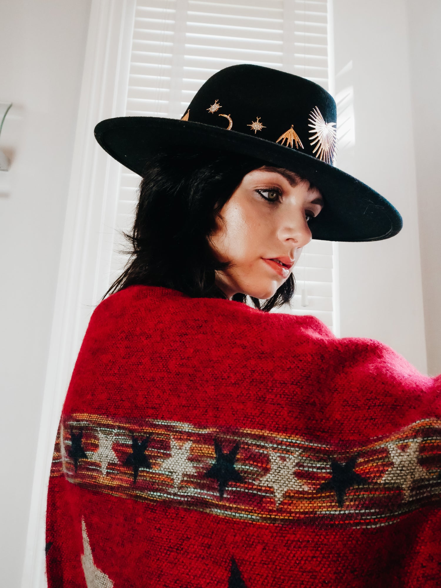 Reversible Red and Grey Star Shawl Cape