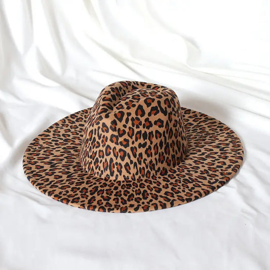 Lila Leopard print large brim fedora hat