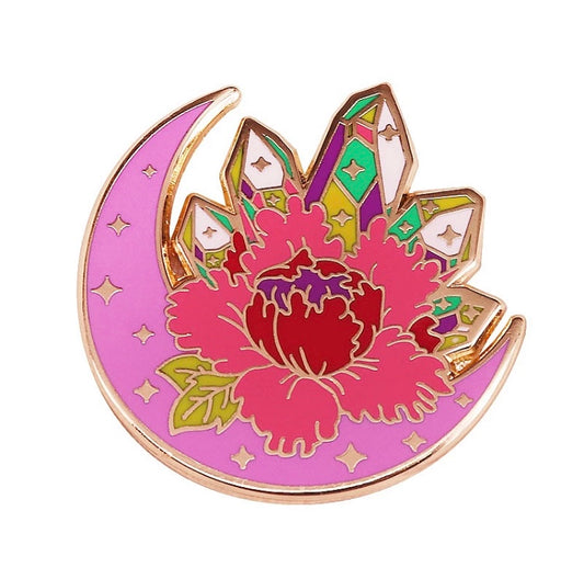 Crescent Moon crystal badge pin.