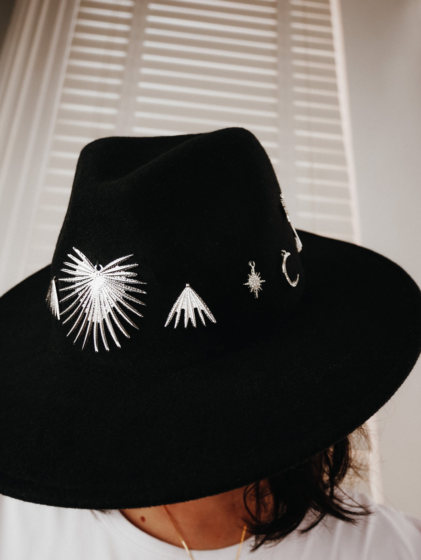 Moon dance silver crystal large brim black fedora hat