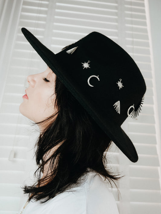 Moon dance silver crystal large brim black fedora hat