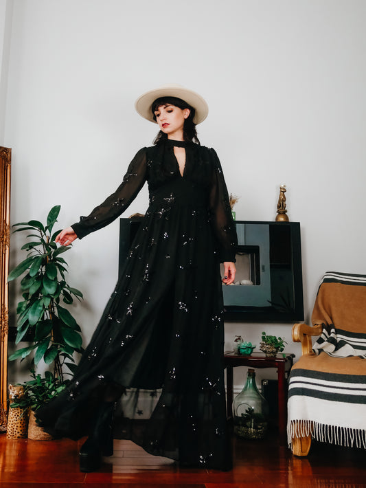 Stellar Sequin Star Long sleeve Maxi Dress In Black