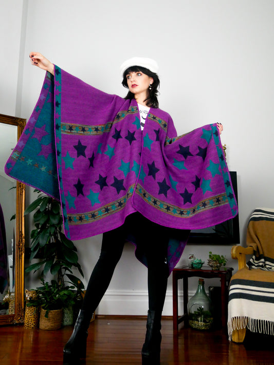 Fuchsia and blue star print kimono shawl