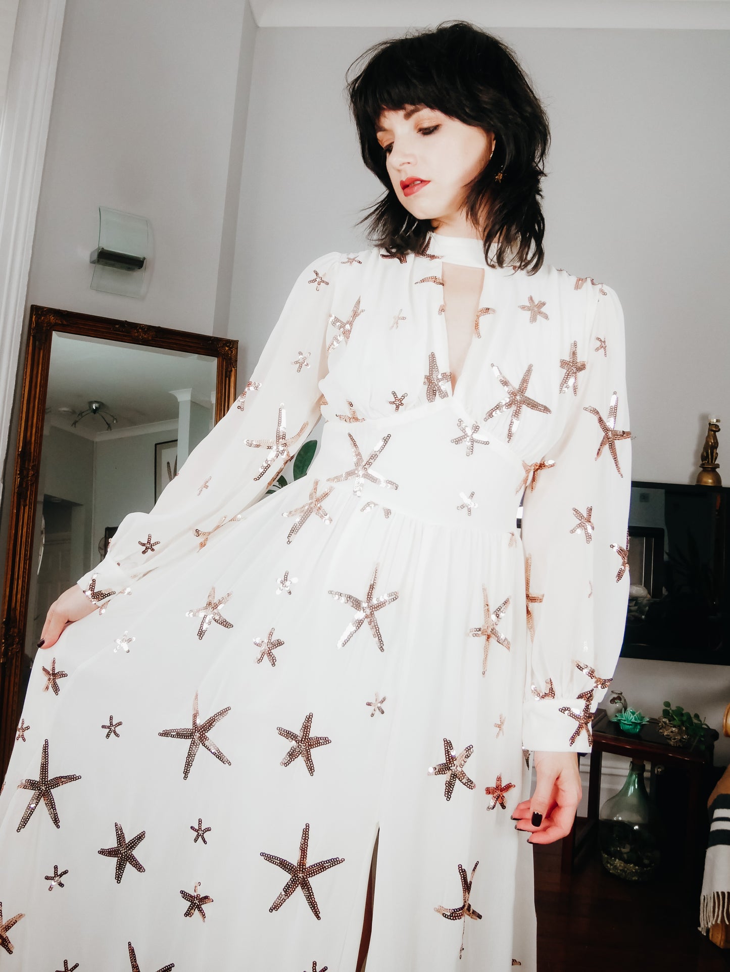 Stellar Sequin Star Long Maxi Dress In Cream Bronze