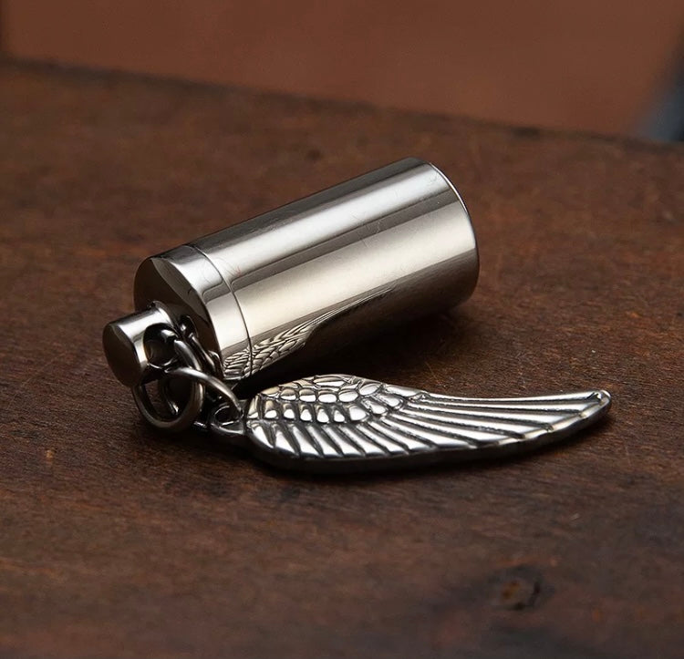 Silver cremation memorial cylinder angel necklace