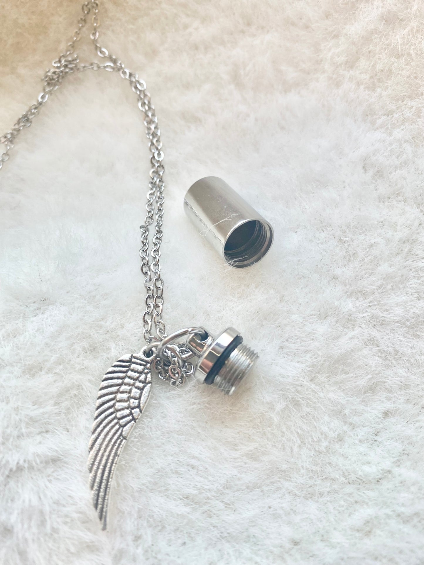 Silver cremation memorial cylinder angel necklace