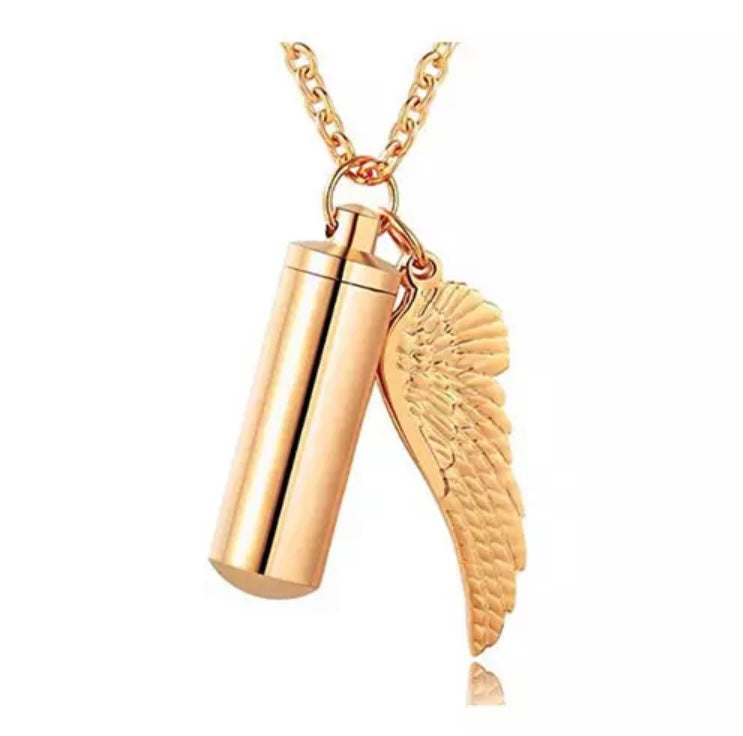 Gold cremation memorial cylinder angel necklace