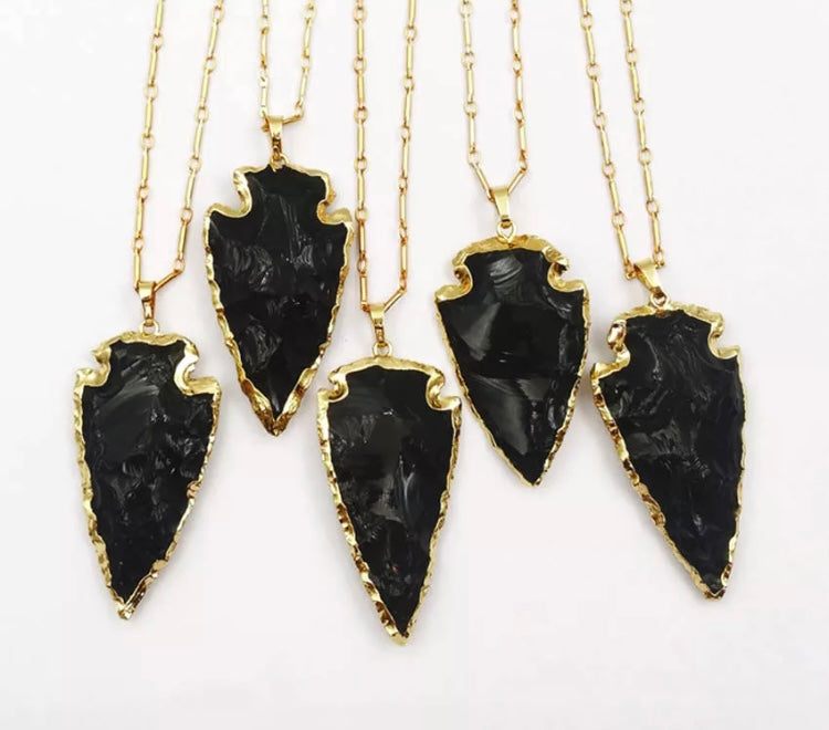 Black obsidian arrow gold necklace