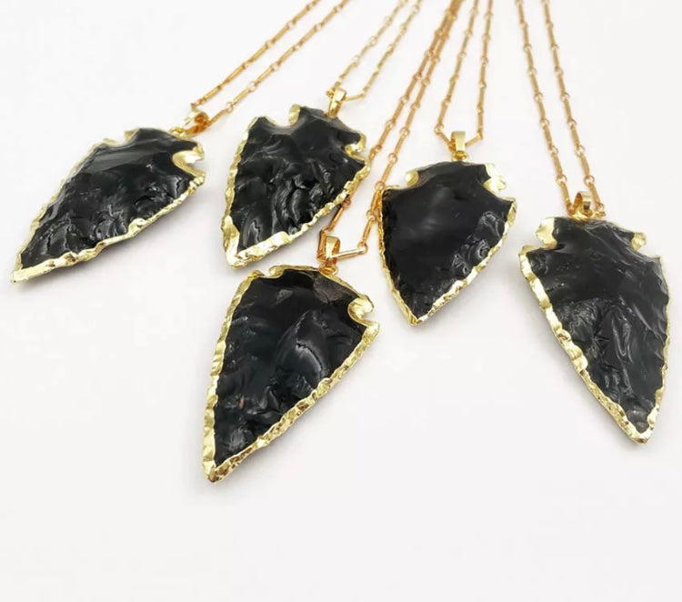 Black obsidian arrow gold necklace