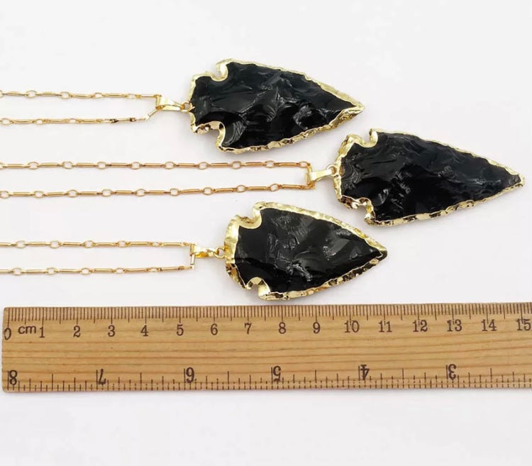 Black obsidian arrow gold necklace