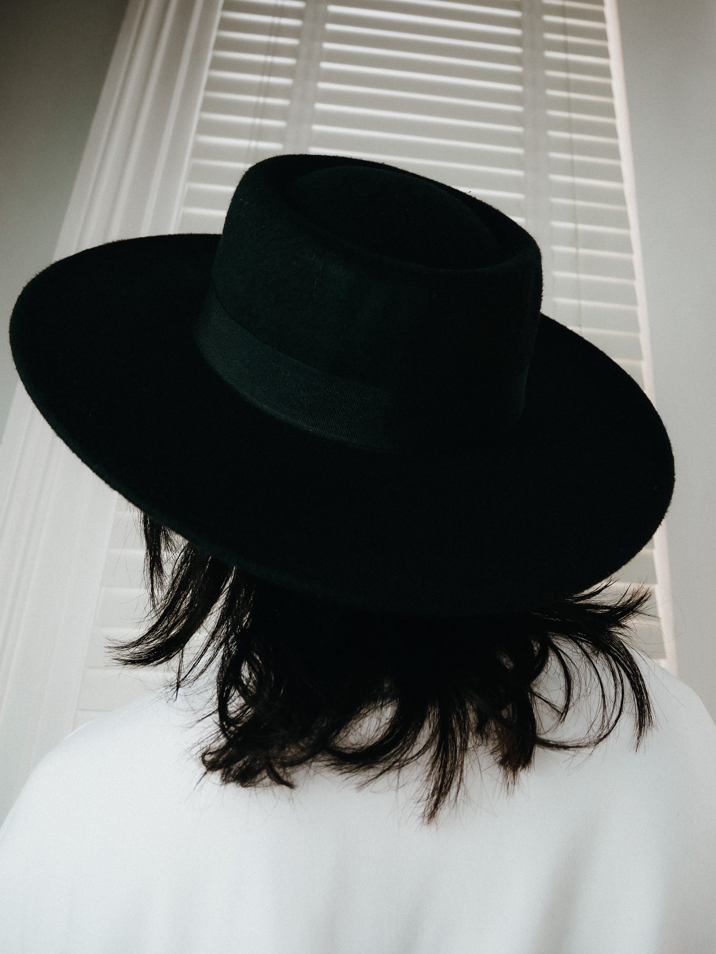 Beltane black ribbon wide brim flat top hat