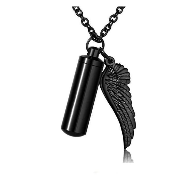 Silver cremation memorial cylinder angel necklace