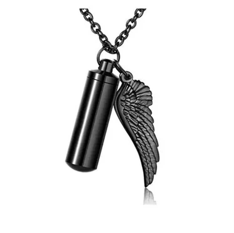 Gold cremation memorial cylinder angel necklace