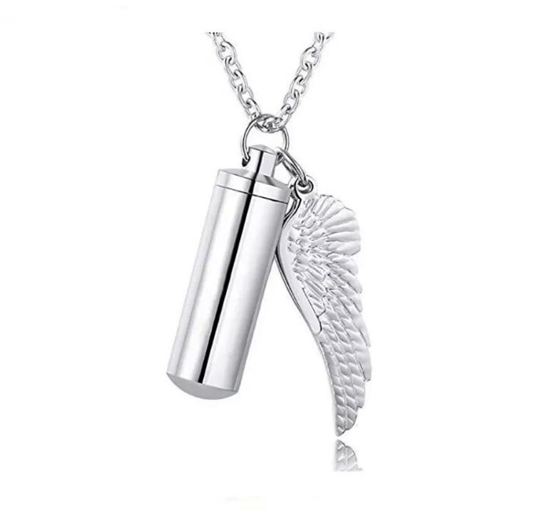 Silver cremation memorial cylinder angel necklace