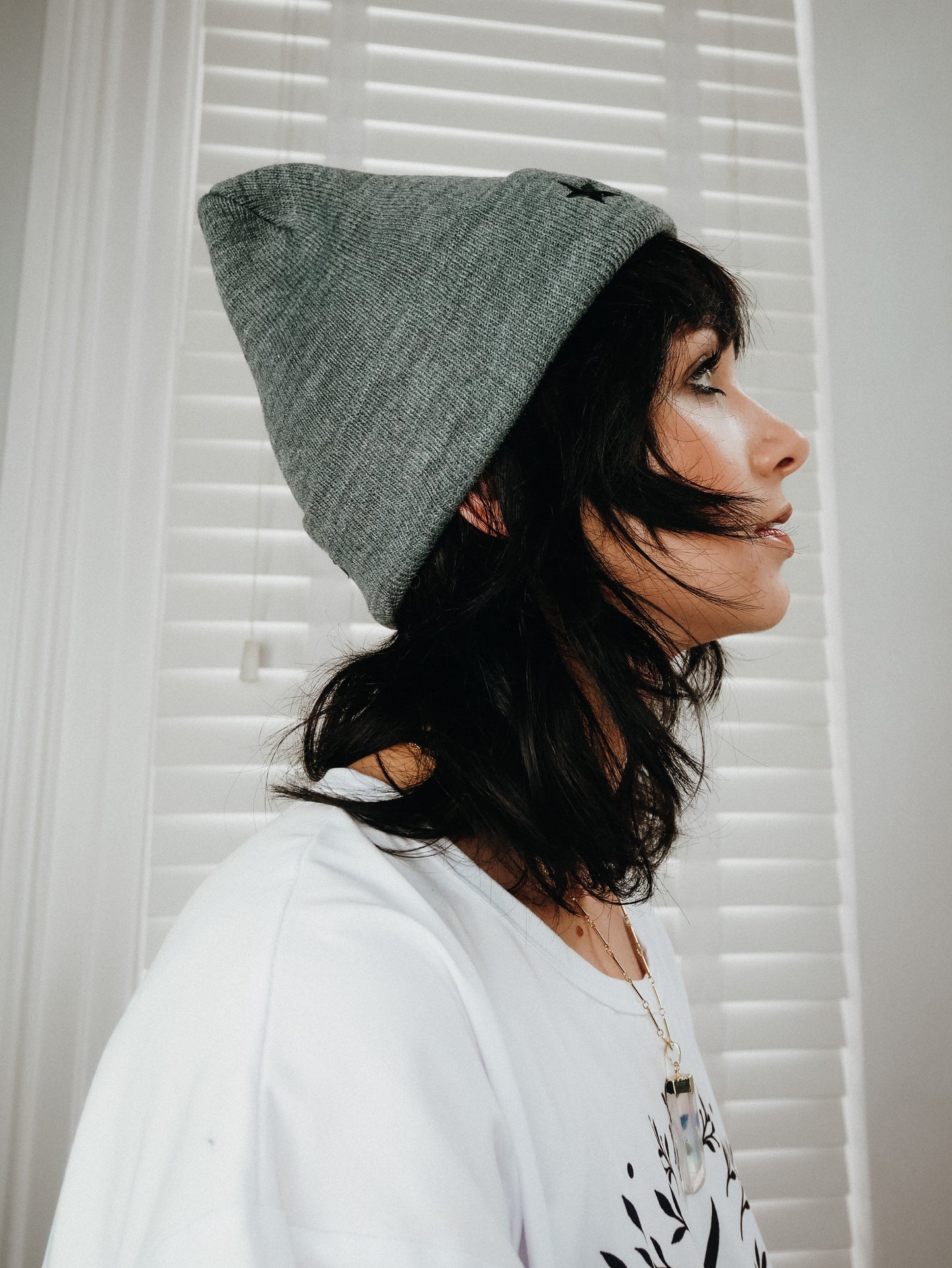 Grey star wool beanie hat