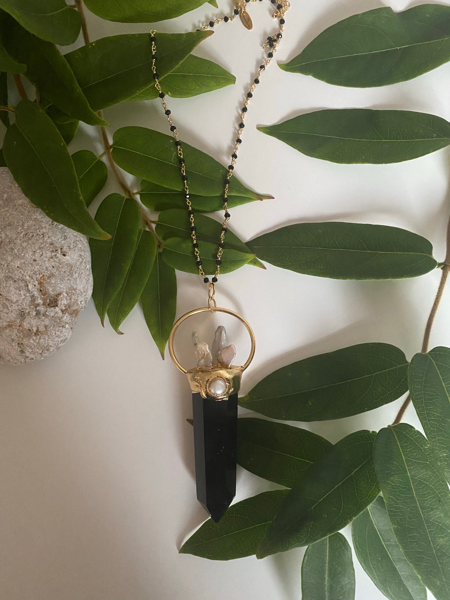 Large statement Black obsidian crystal and biwa Pearl point necklace