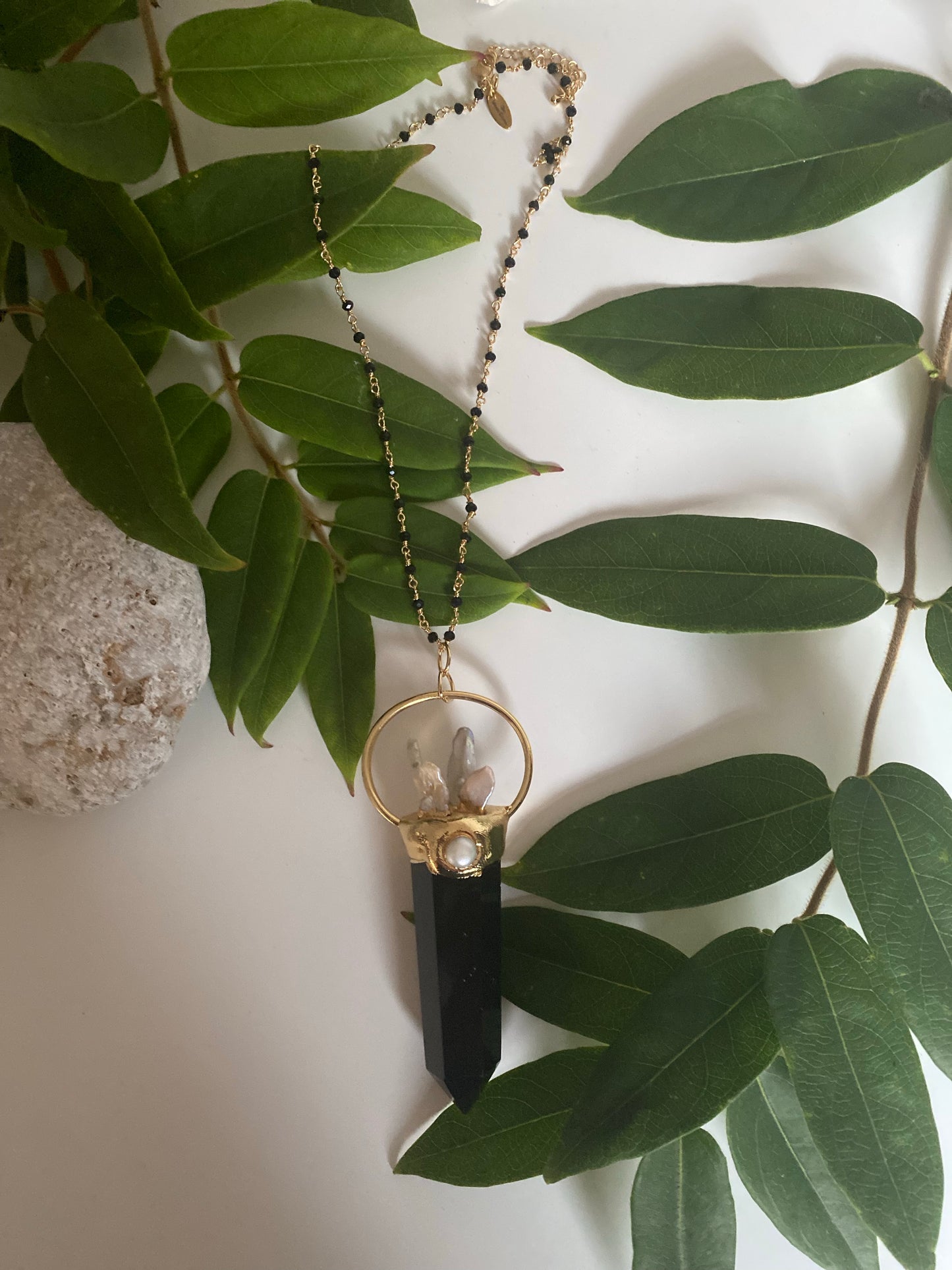 Large statement Black obsidian crystal and biwa Pearl point necklace