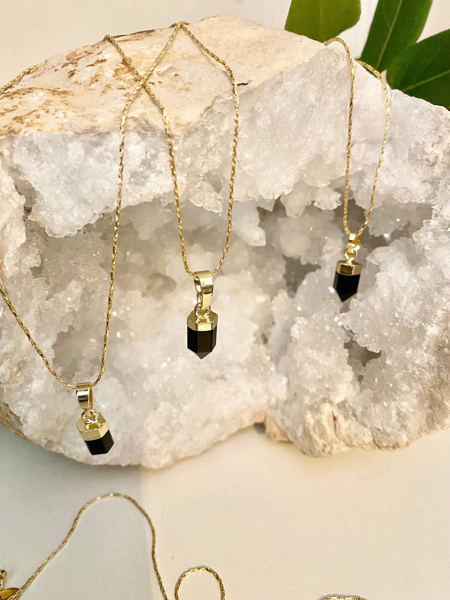 Black obsidian mini point gold necklace