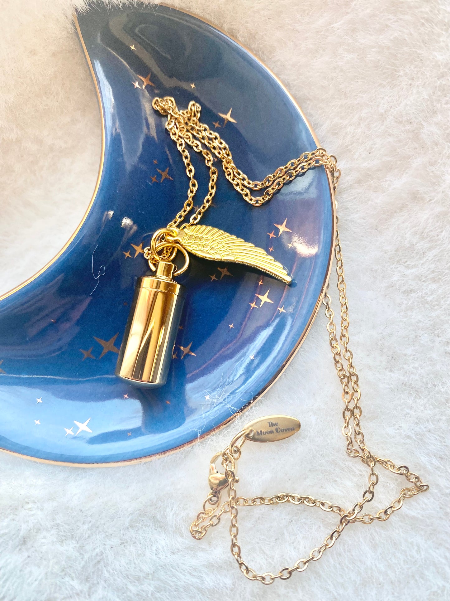 Gold cremation memorial cylinder angel necklace