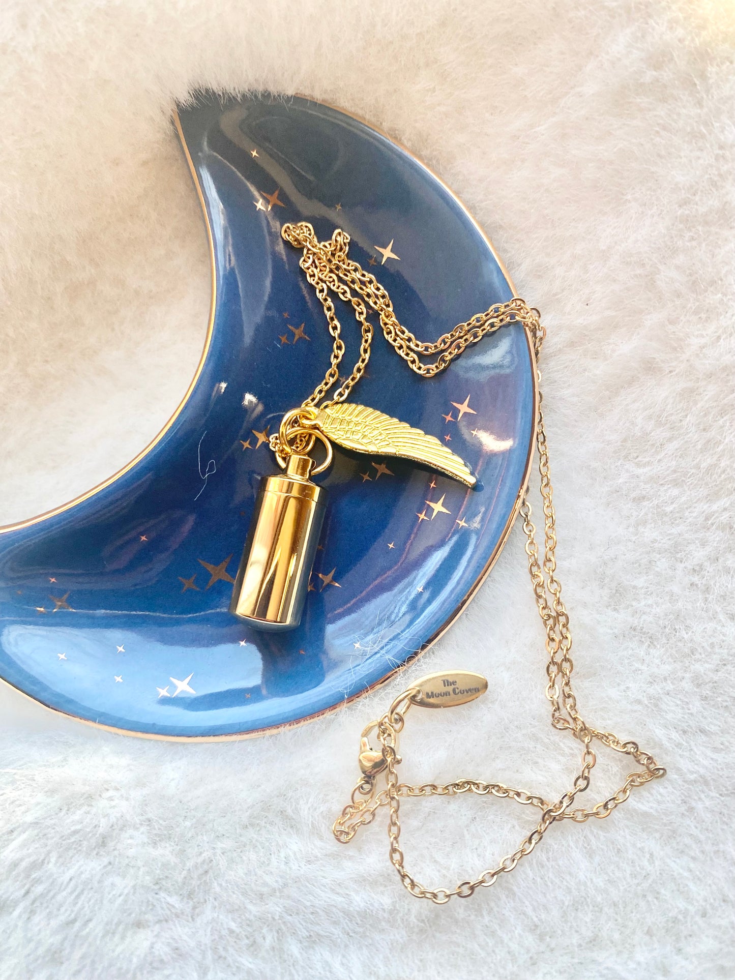 Gold cremation memorial cylinder angel necklace