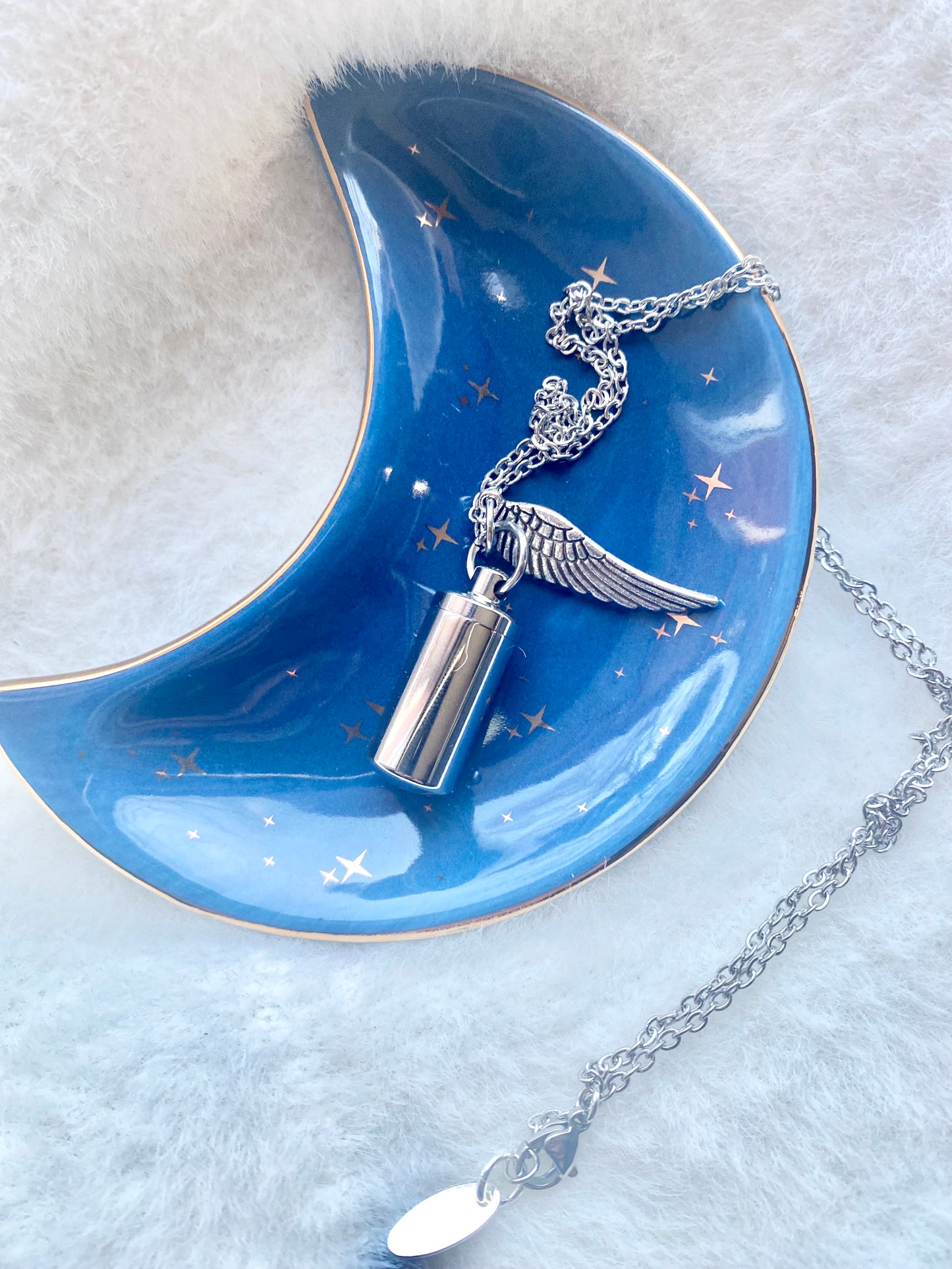 Silver cremation memorial cylinder angel necklace