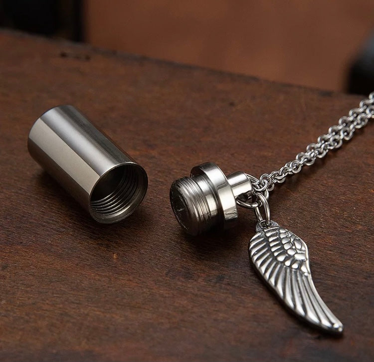 Gold cremation memorial cylinder angel necklace