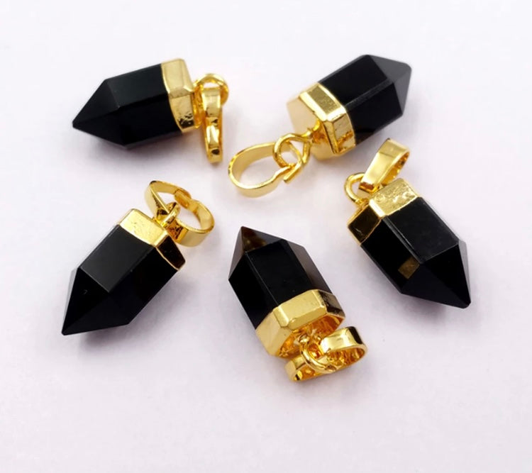 Black obsidian mini point gold necklace