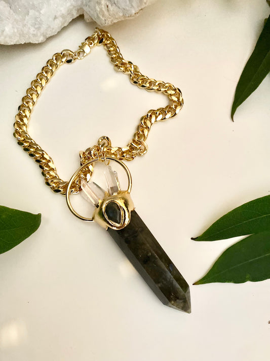 Large statement Labradorite crystal and clear Quartz point necklace