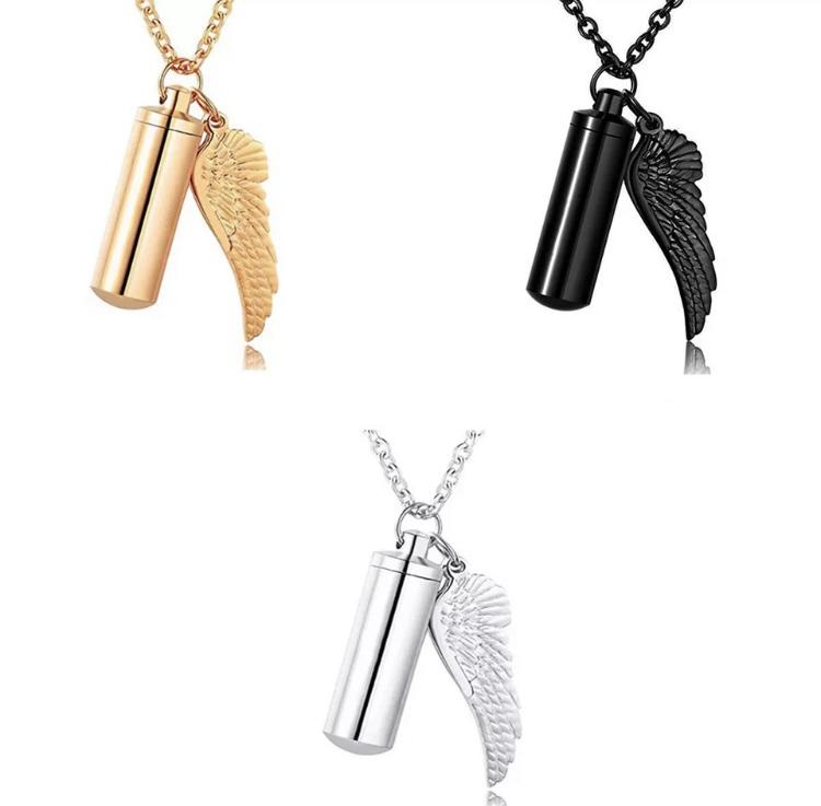 Silver cremation memorial cylinder angel necklace