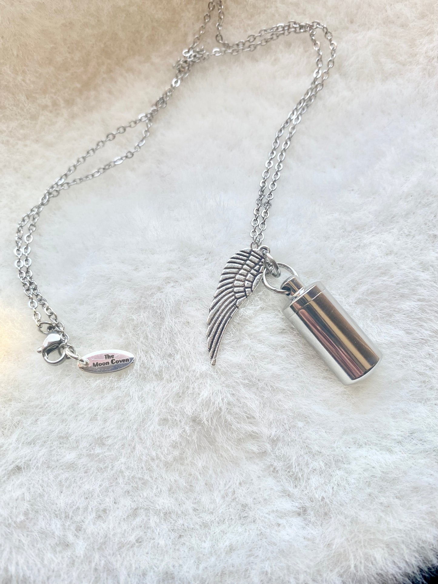 Silver cremation memorial cylinder angel necklace