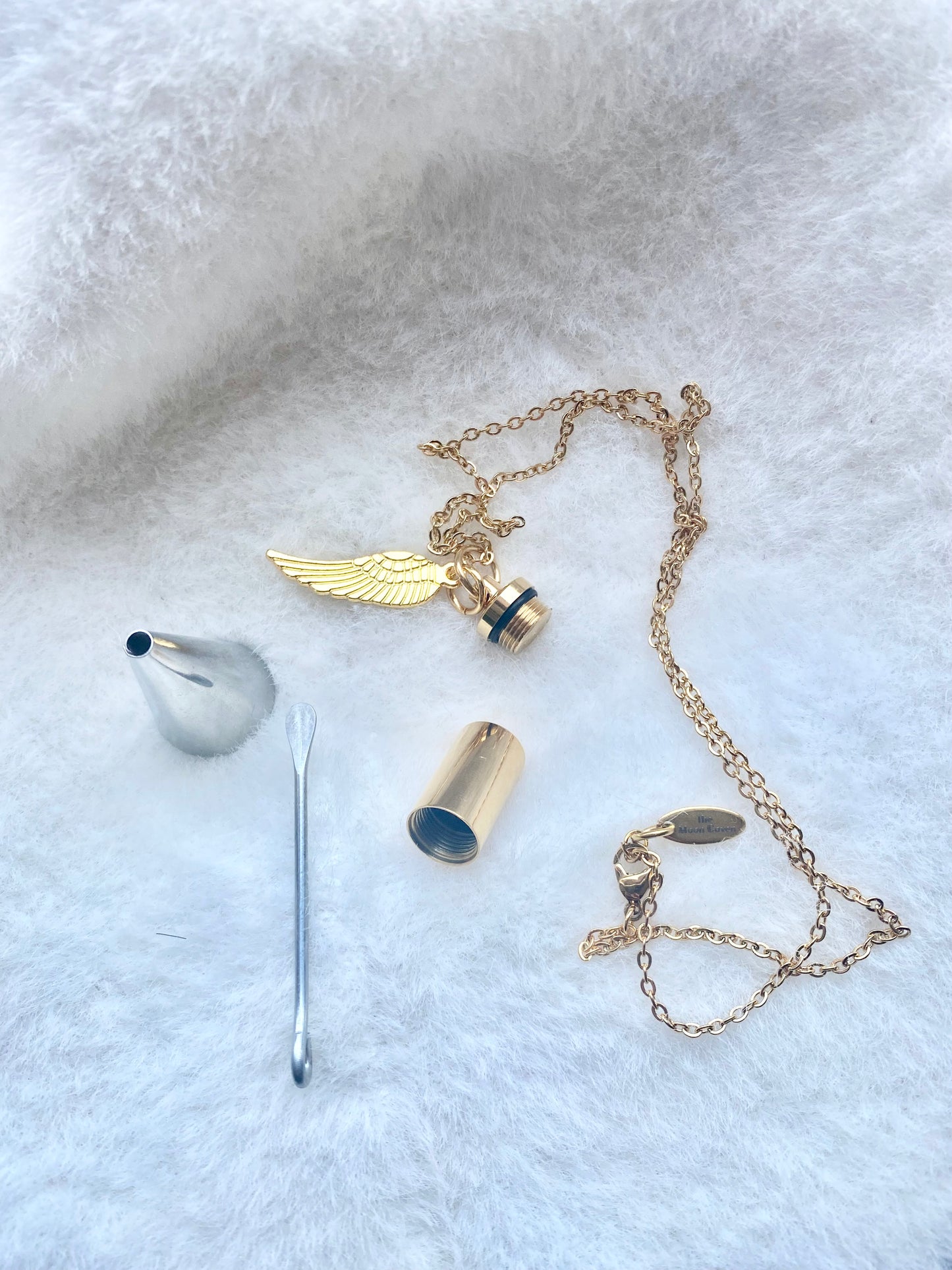 Gold cremation memorial cylinder angel necklace