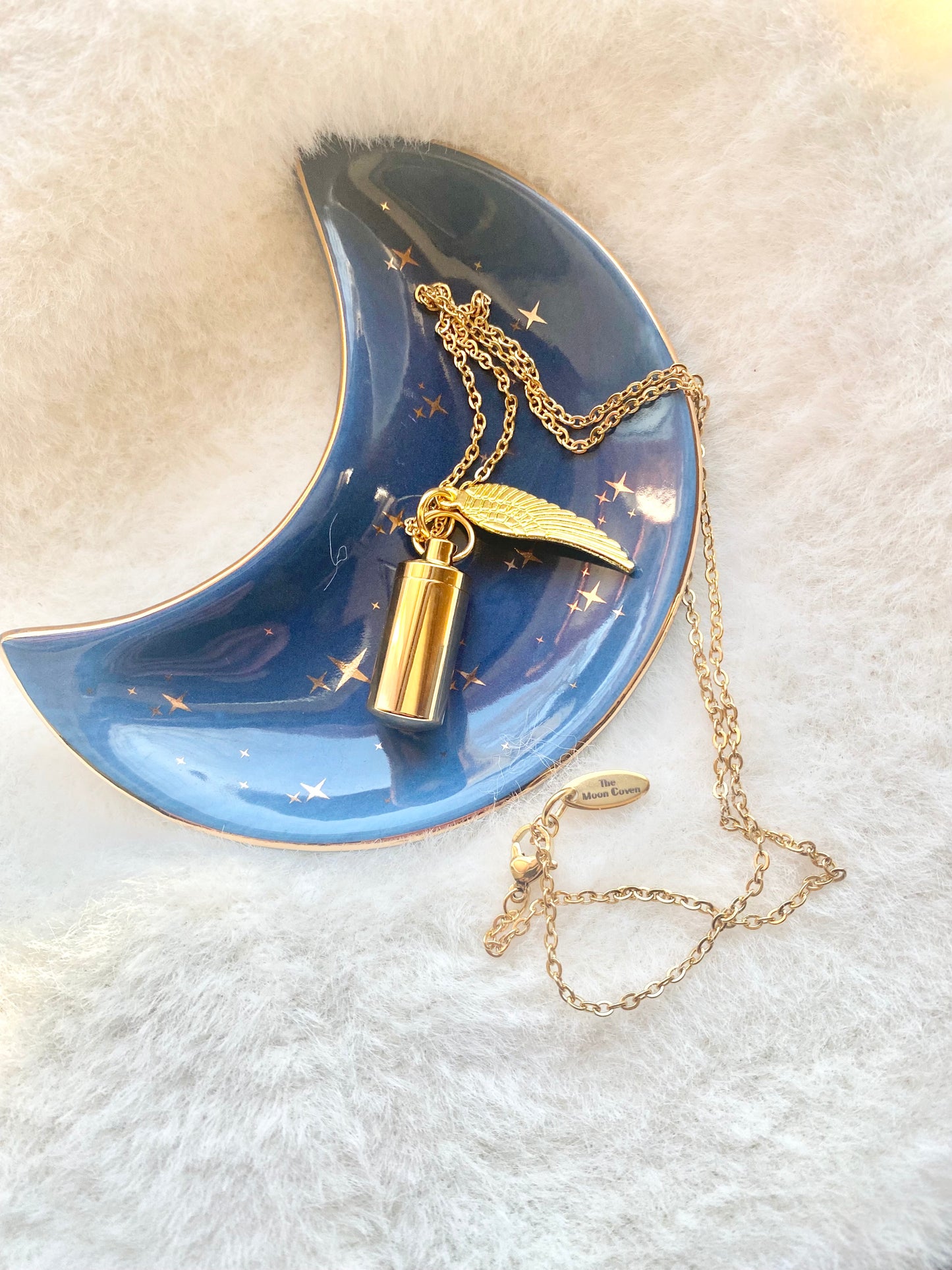 Gold cremation memorial cylinder angel necklace