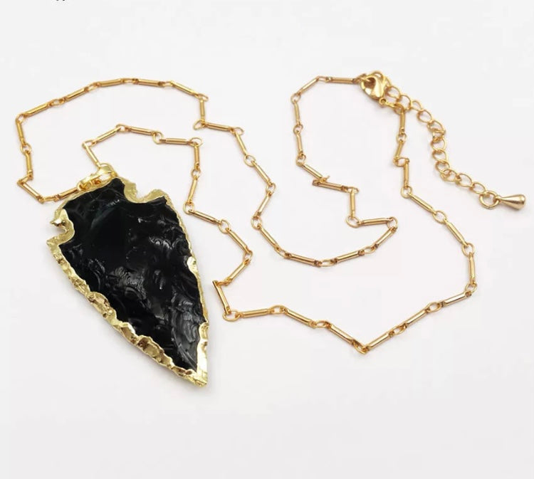 Black obsidian arrow gold necklace