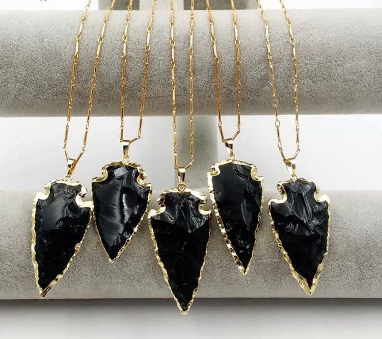 Black obsidian arrow gold necklace