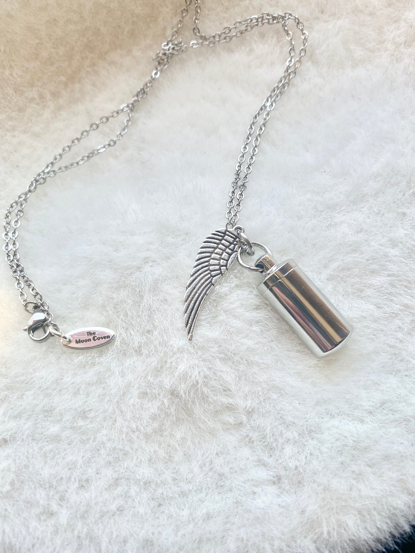 Silver cremation memorial cylinder angel necklace