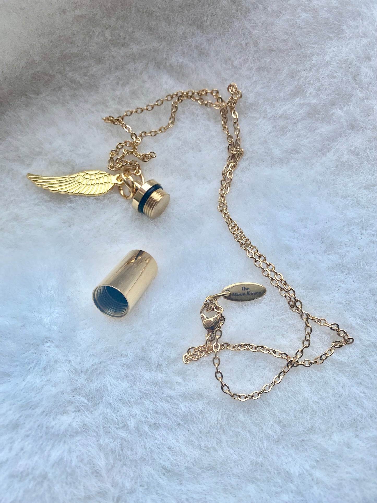 Gold cremation memorial cylinder angel necklace